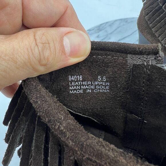 Minnetonka Fringe Wedge Booties Womens 5.5 Espresso Brown Suede Ankle Heel Boots - Picture 9 of 11